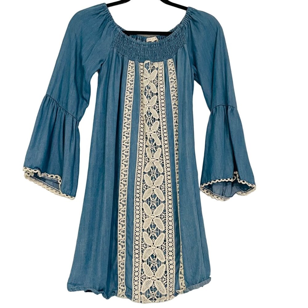 Hint Of Mint Women's Blue Boho Dress Small Lace Over Thin Blue Denim - Picture 8 of 8